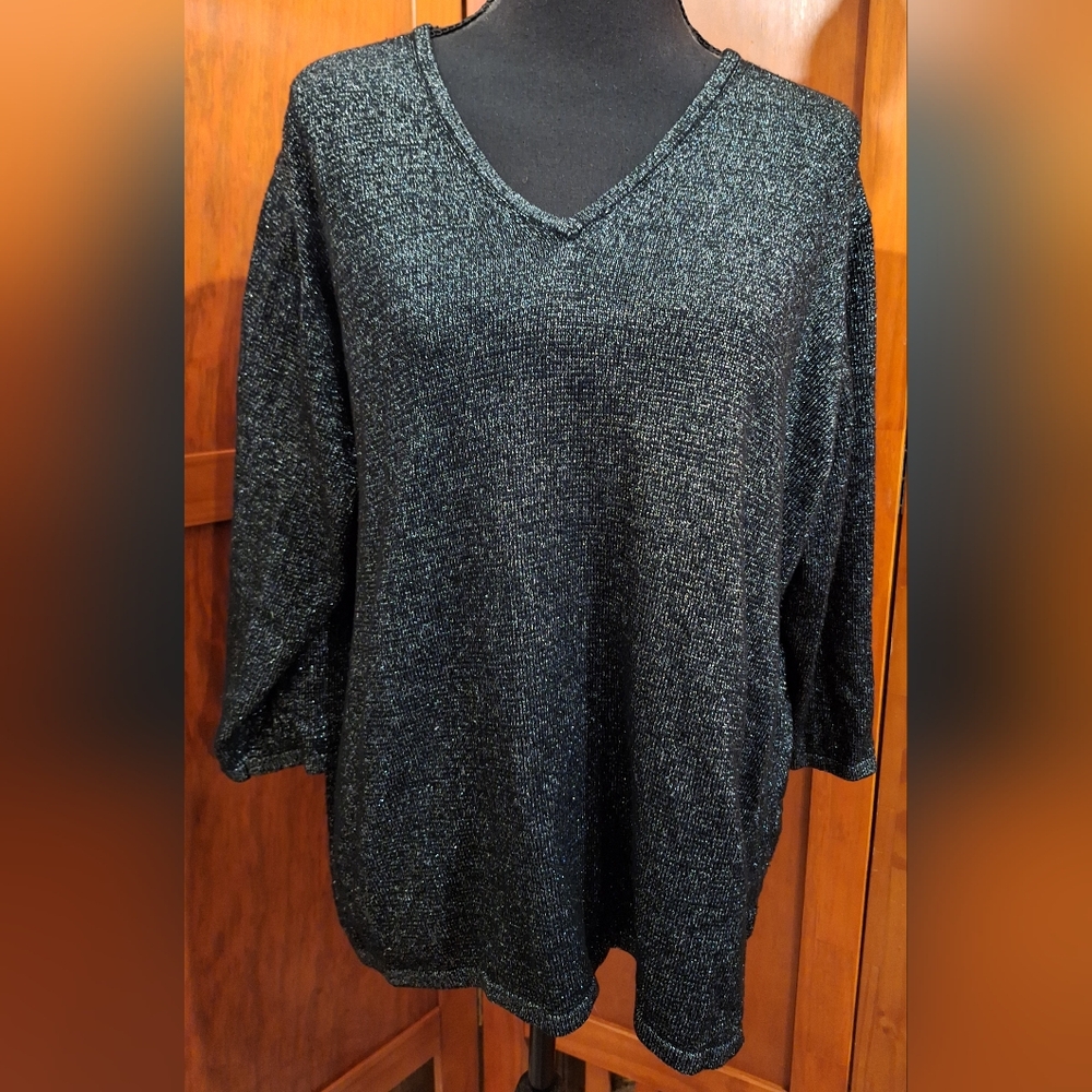 AVON women's 3/4 sleeve black sweater with metallic silver thread. Size 3X